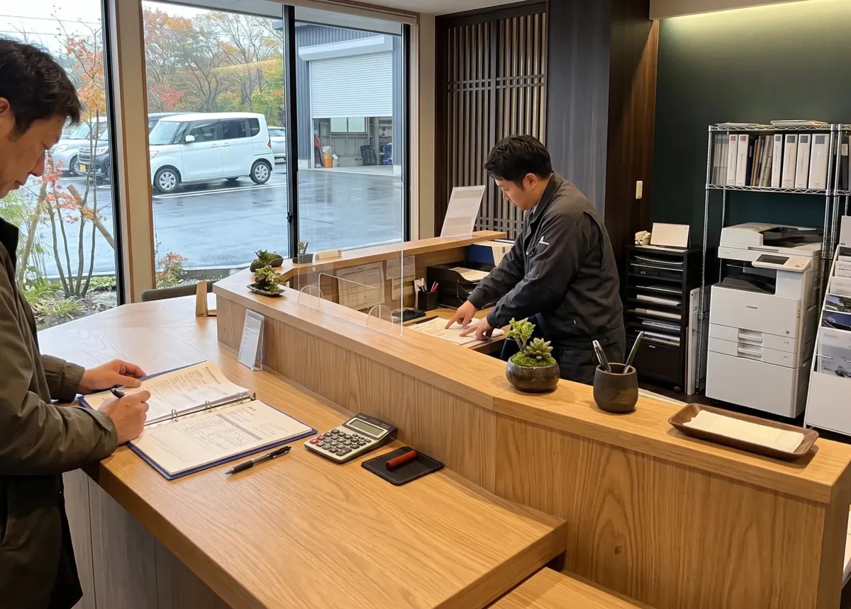 受付カウンターでお客様の話を聞きながら書類に記入する担当者